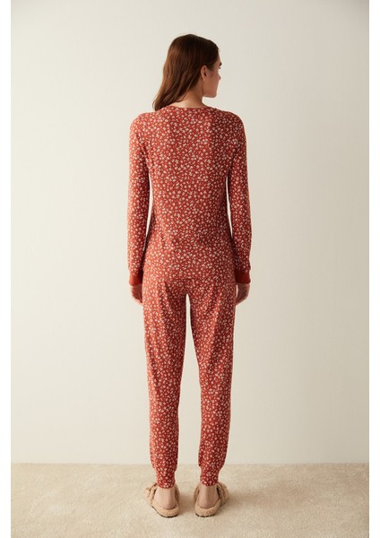 Çiçek Desenli Termal Tişört Pijama Üstü