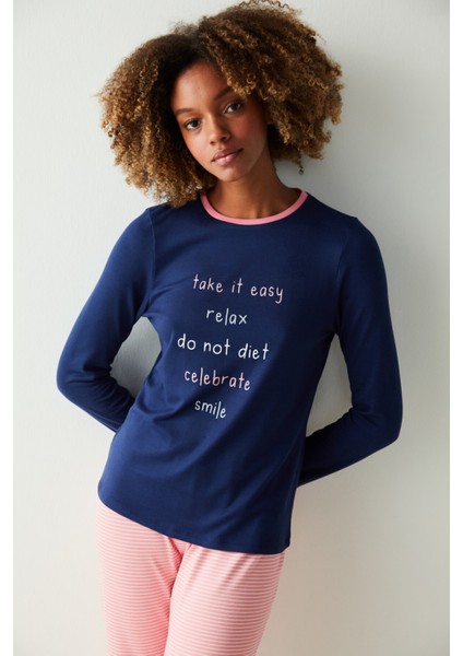 Slogan Baskılı Termal Tişört Pijama Üstü