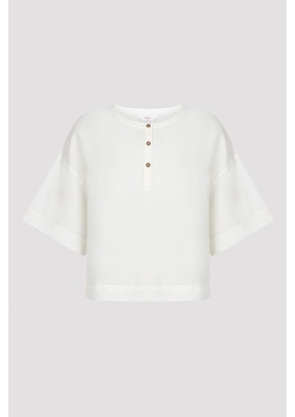 Brea Beyaz Keten Tişört Pijama Üstü