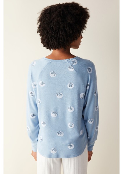 Moon Yoga Baskılı Sweatshirt Mavi Pijama Üstü