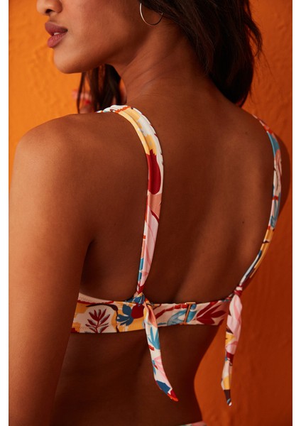 Çok Renkli Marigold Hot Düğüm Detaylı Üçgen Bikini Üstü modelleri