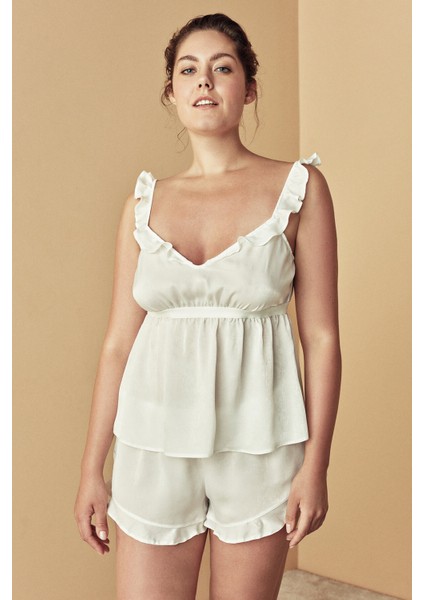 Beyaz Fırfır Detaylı Saten Atlet Pijama Üstü-gelin Koleksiyonu