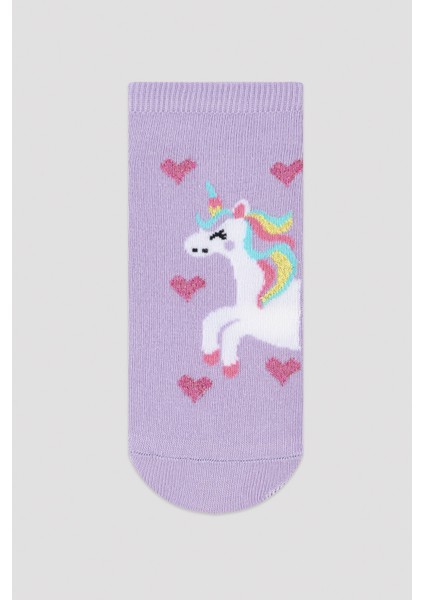 Kız Çocuk Lila Unicorn Kalp Desenli 2li Patik Çorap