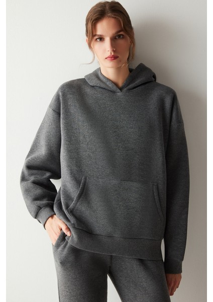 Koyu Gri Melanj Kapüşonlu Içi Şardonlu  Oversize Sweatshirt