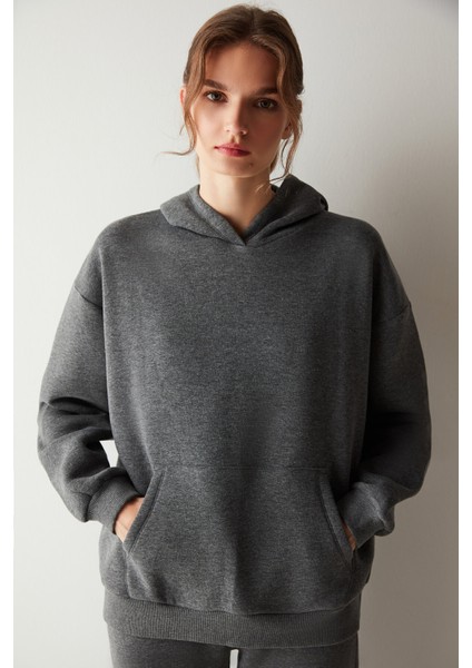 Koyu Gri Melanj Kapüşonlu Içi Şardonlu  Oversize Sweatshirt