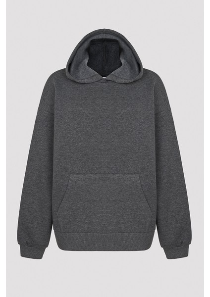 Koyu Gri Melanj Kapüşonlu Içi Şardonlu  Oversize Sweatshirt