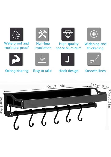 Baharat Rafı, 6 Çıkarılabilir Kancalı Duvara Monte Mutfak Eşyası Saklama Rafı, Deliksiz Mutfak Rafı Duvara Monte Tencere Tutucusu, Alüminyum, Paslanmaz, Siyah, 40 cm (Yurt Dışından)