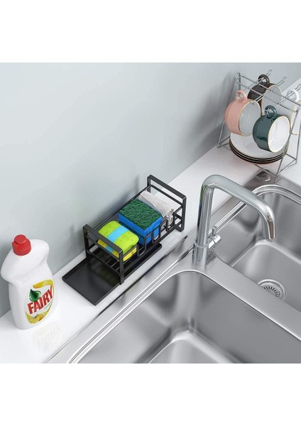 Mutfak Lavabo Sünger Tutucu Düzenleyici, Temizleme Fırçası Için Mutfak Lavabo Saklama, Sabunluk, Drenaj Tepsili Drenaj Tahtası, Çok Fonksiyonlu, Siyah (Yurt Dışından)