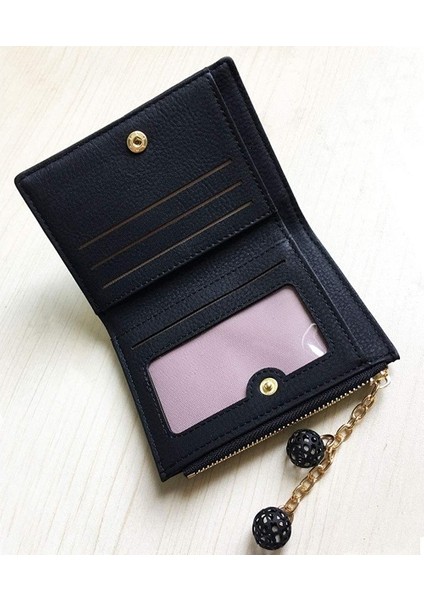 Kadın Rfid Küçük Bifold Deri Cüzdan Bayan Mini Fermuarlı Para Çanta Kimlik Kartı Cebi, Ince Kompakt Ince ---- Siyah C (Yurt Dışından)