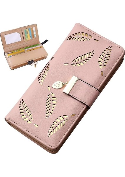 Pembe Deri Uzun Cüzdan, Sevimli Kadın Uzun Cüzdan Cüzdan Kadın Moda Uzun Cüzdan Bayan Cüzdan Debriyaj Kılıf Yaprak Kolye Sikke Fermuar Uzun Cüzdan (Yurt Dışından)