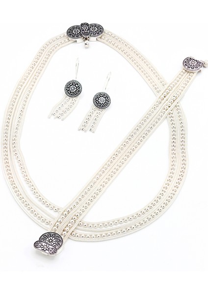 Sıralı Toplu 925 Ayar Gümüş Bayan Hasır Üçlü Set 201022602