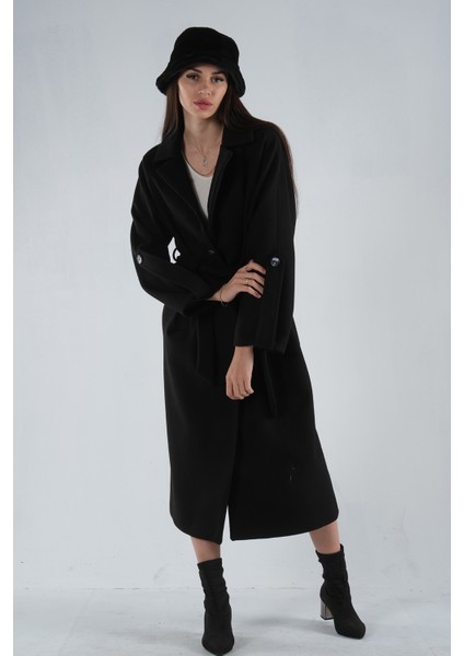 Siyah Önden Düğmeli Oversize Örme Kaşe Kaban 0108081.01