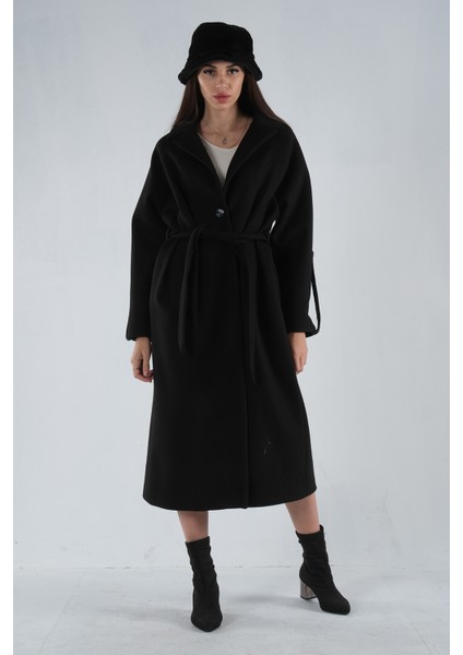 Siyah Önden Düğmeli Oversize Örme Kaşe Kaban 0108081.01 fırsatları