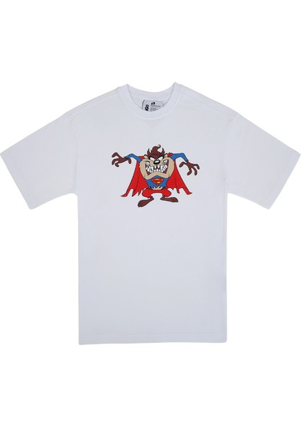 Kadın Vegan Beyaz T-Shirt - Warner Bros Tasmanian x Superman Tasarım