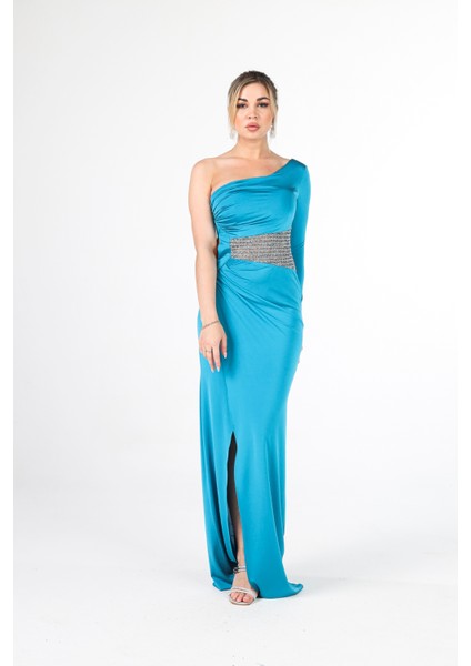 Petrol Tek Kol Yırtmaçlı Bel Dekolteli Balık Abiye Elbise 1302045.13 fiyatları