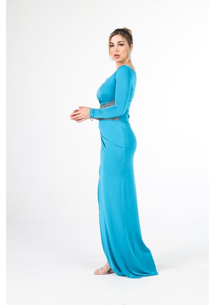 Petrol Tek Kol Yırtmaçlı Bel Dekolteli Balık Abiye Elbise 1302045.13 modelleri