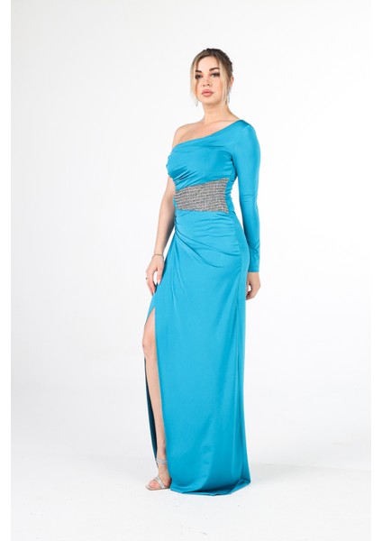 Petrol Tek Kol Yırtmaçlı Bel Dekolteli Balık Abiye Elbise 1302045.13 fırsatları