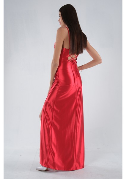 Kırmızı Sırtı Bağlamalı Yırtmaçlı Abiye 4522018.08 fırsatları