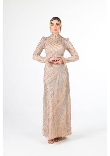 Gold Kol Uçları Tüylü Abiye Elbise 6502437.122