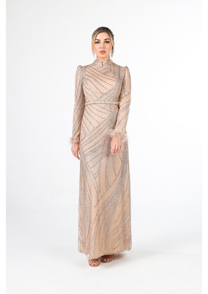 Gold Kol Uçları Tüylü Abiye Elbise 6502437.122 fiyatları