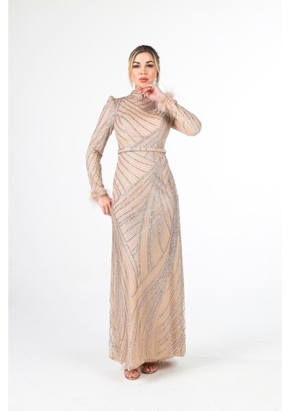 Gold Kol Uçları Tüylü Abiye Elbise 6502437.122 modelleri