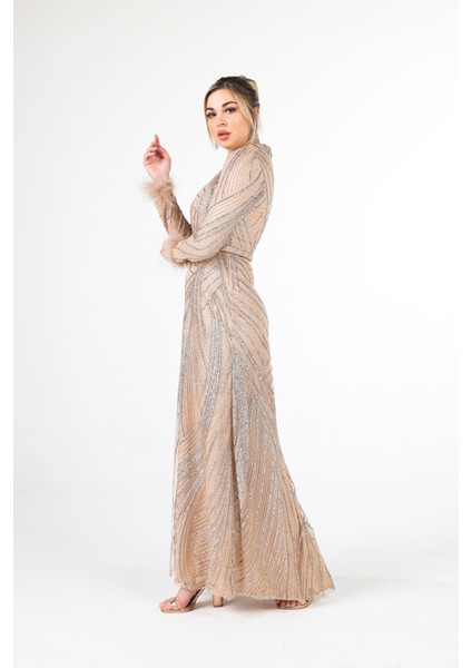 Gold Kol Uçları Tüylü Abiye Elbise 6502437.122 fırsatları