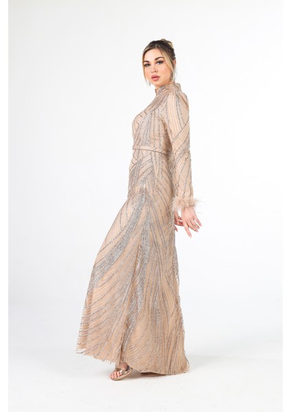 Gold Kol Uçları Tüylü Abiye Elbise 6502437.122 indirimleri