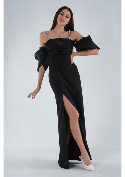 Siyah Kolları Şifon Yırtmaçlı Abiye 9705139.01