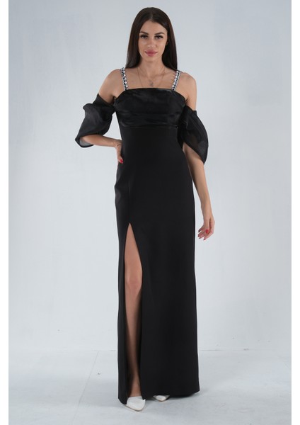 Siyah Kolları Şifon Yırtmaçlı Abiye 9705139.01 fiyatları