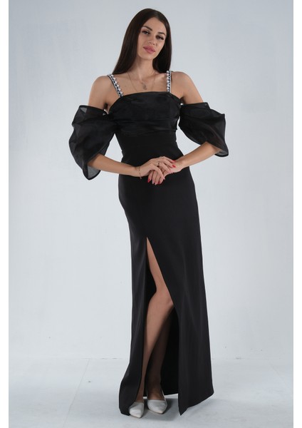 Siyah Kolları Şifon Yırtmaçlı Abiye 9705139.01 modelleri