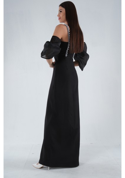 Siyah Kolları Şifon Yırtmaçlı Abiye 9705139.01 fırsatları