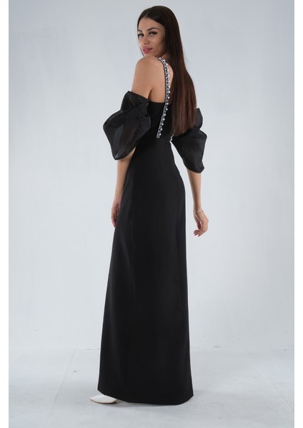 Siyah Kolları Şifon Yırtmaçlı Abiye 9705139.01 indirimleri