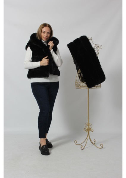 Etekten Kısalabilen Kapüşonlu Lüks Suni Kürk Yelek indirimleri