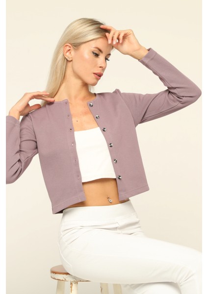 Açık Mavi Yumuşak Dokulu Düğme Detaylı Bluz Hırka