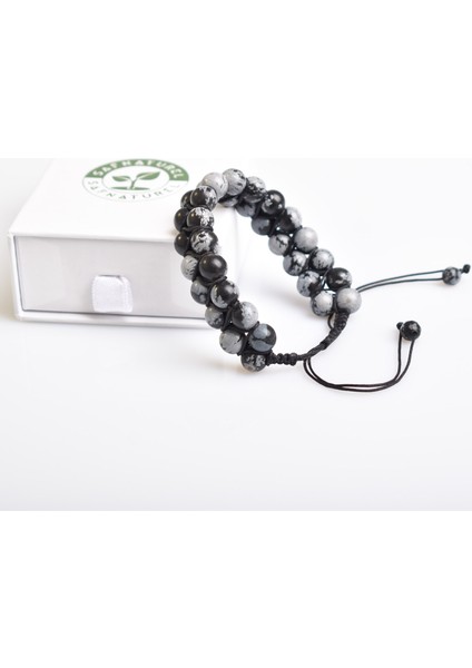 Karlı Obsidyen 8mm Çift Sıra Makrome Doğal Taş Bileklik