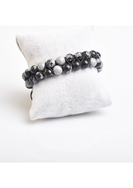 Karlı Obsidyen 8mm Çift Sıra Makrome Doğal Taş Bileklik modelleri