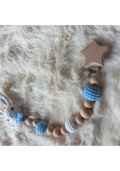 Amigurumi Ahşap / Örgü Emzik Askısı - Mavi / Beyaz