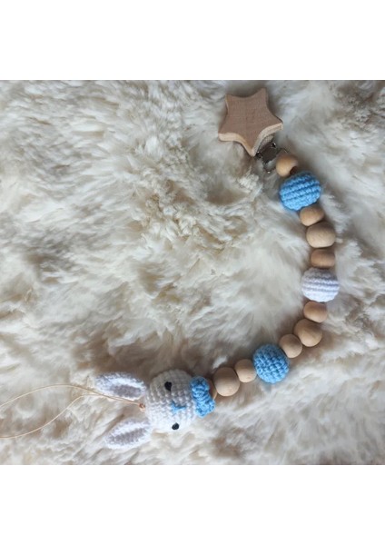 Amigurumi Ahşap / Örgü Emzik Askısı - Mavi / Beyaz fiyatları