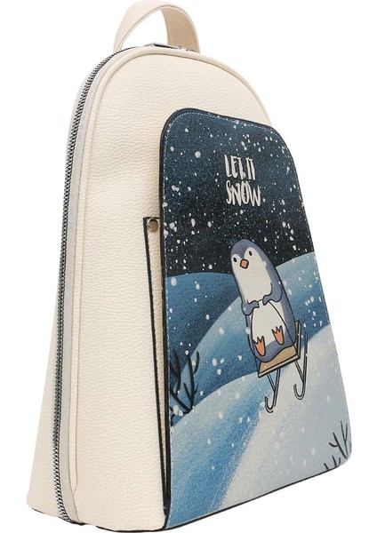 Kadın Vegan Deri Krem Sırt Çantası - Let it Snow Tasarım