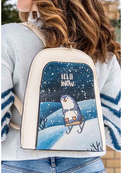Kadın Vegan Deri Krem Sırt Çantası - Let it Snow Tasarım