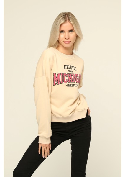 Owut Collection Bej Bisiklet Yaka Baskılı Sweatshirt