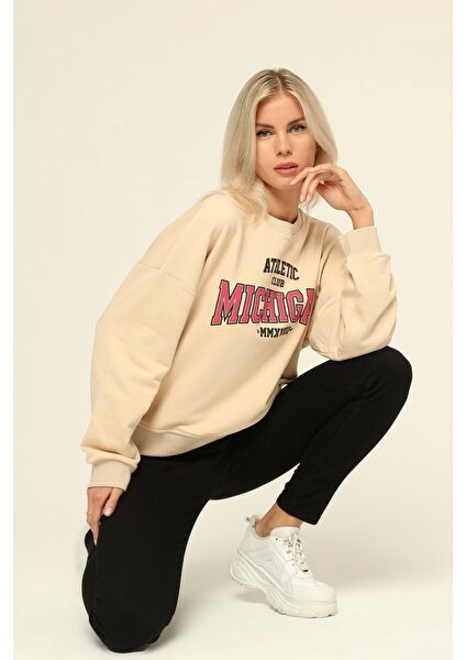 Owut Collection Bej Bisiklet Yaka Baskılı Sweatshirt