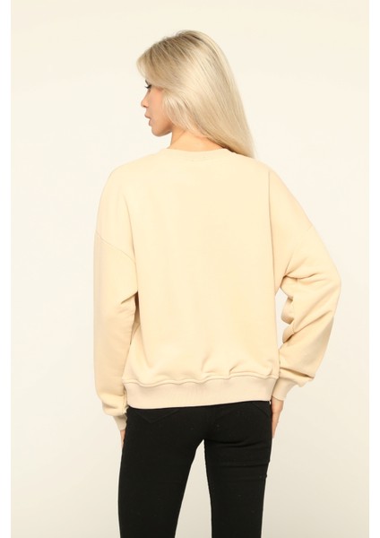 Owut Collection Bej Bisiklet Yaka Baskılı Sweatshirt