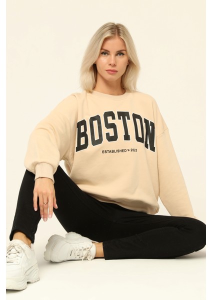 Owut Collection Bej Bisiklet Yaka Baskılı Sweatshirt