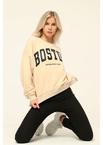 Owut Collection Bej Bisiklet Yaka Baskılı Sweatshirt