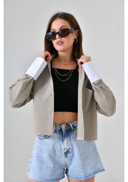 Kahve Çizgili Crop Gömlek