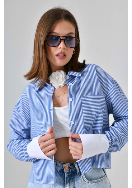 Mavi Çizgili Crop Gömlek modelleri