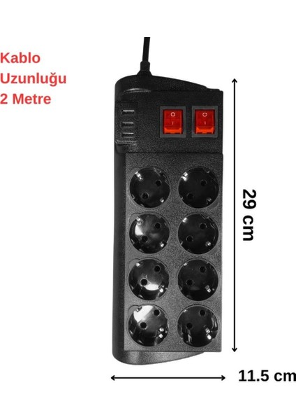 3 USB Akım Çocuk Korumalı 8'li Priz 2 mt Kablo