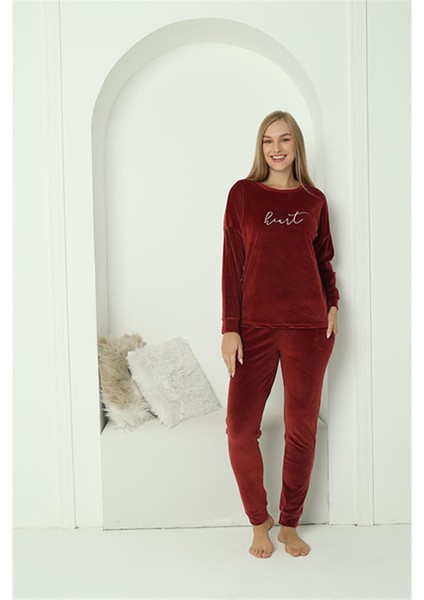 Kadın Kadife Bordo Pijama Takım 20624 modelleri