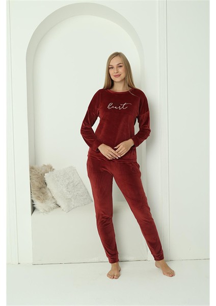 Kadın Kadife Bordo Pijama Takım 20624 fırsatları